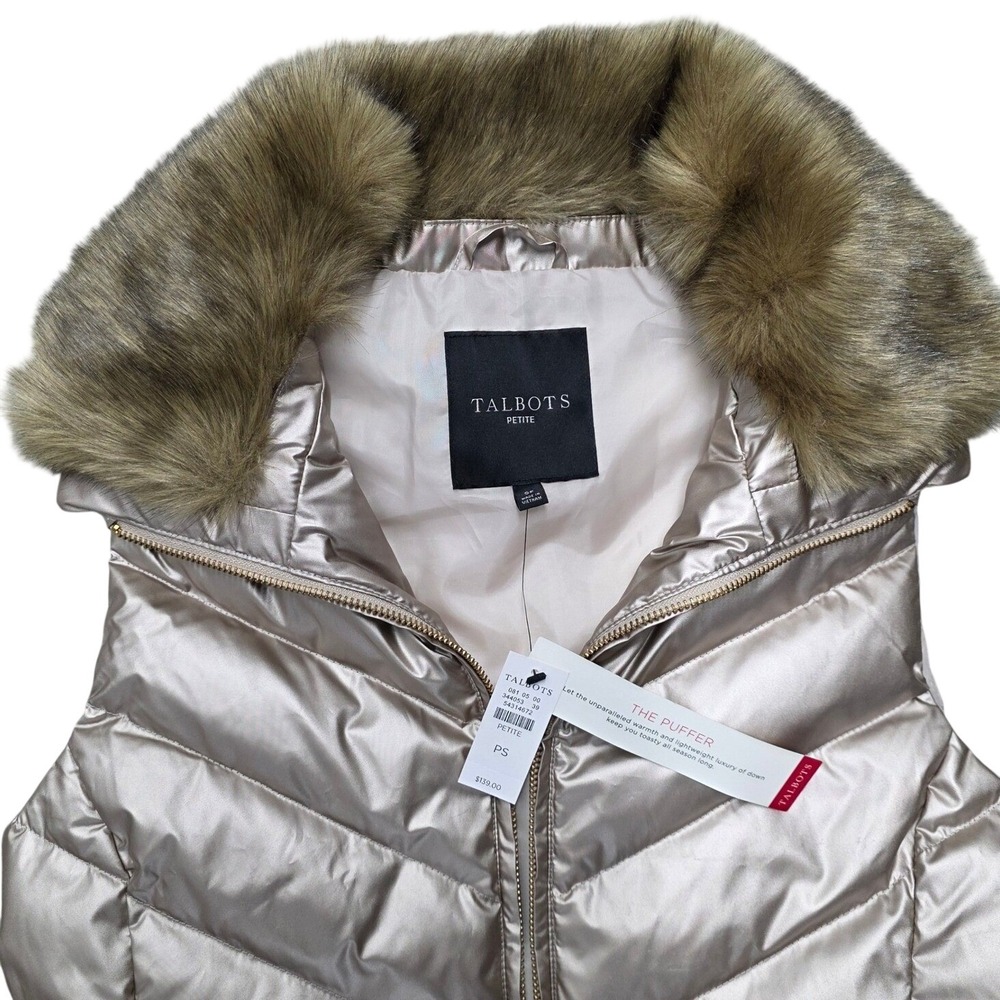 NWT Talbots Petite Puffer Vest Faux Fur Hood Metallic Champagne Gold Zip Pockets